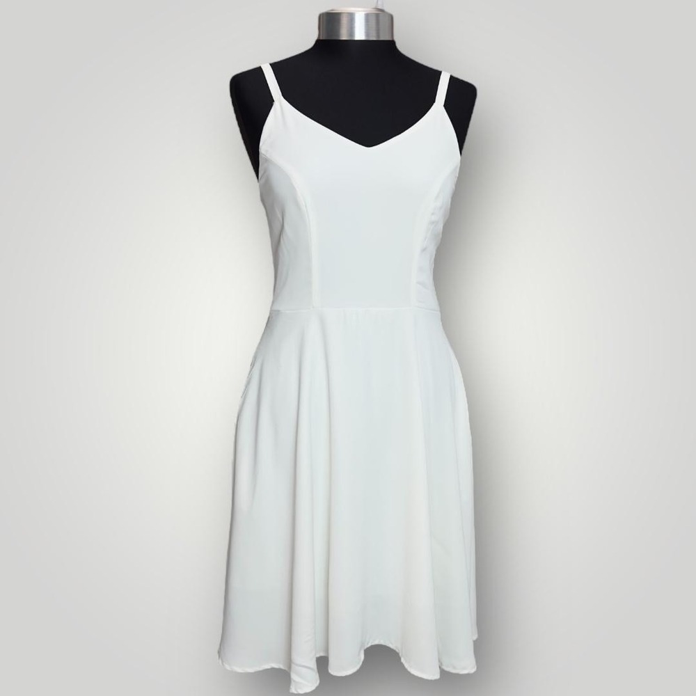 GOOBGS White Dress Sleeveless V-Neck Fit & Flare Casual Party Dress‎ S